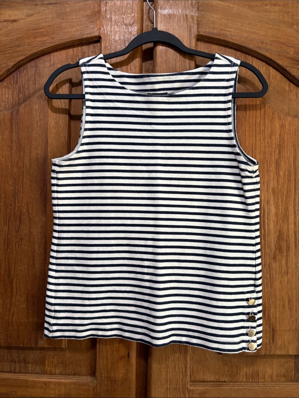 Ann Taylor Navy and White Striped Sleeveless Knit Shell with Side Buttons